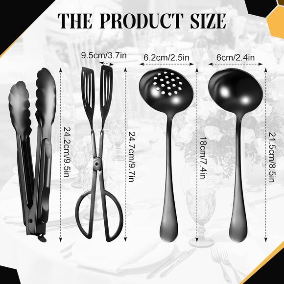 19 Piece Serving Flatware, Stainless Steel Spatulas, Forks, Spoons, Tongs, Black - Picture 2 of 4